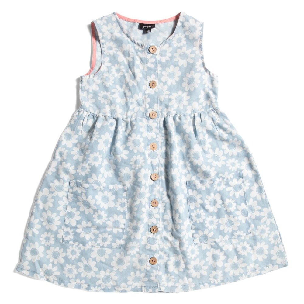 PICAPINO sz 12 (S-M) Girls Button Down Dress Blue Floral Multi Color Runs Small